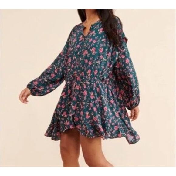Free People Dresses & Skirts - FREE PEOPLE Emerald Green Flower Fields Pink Long Sleeve Dress NWOT Medium
